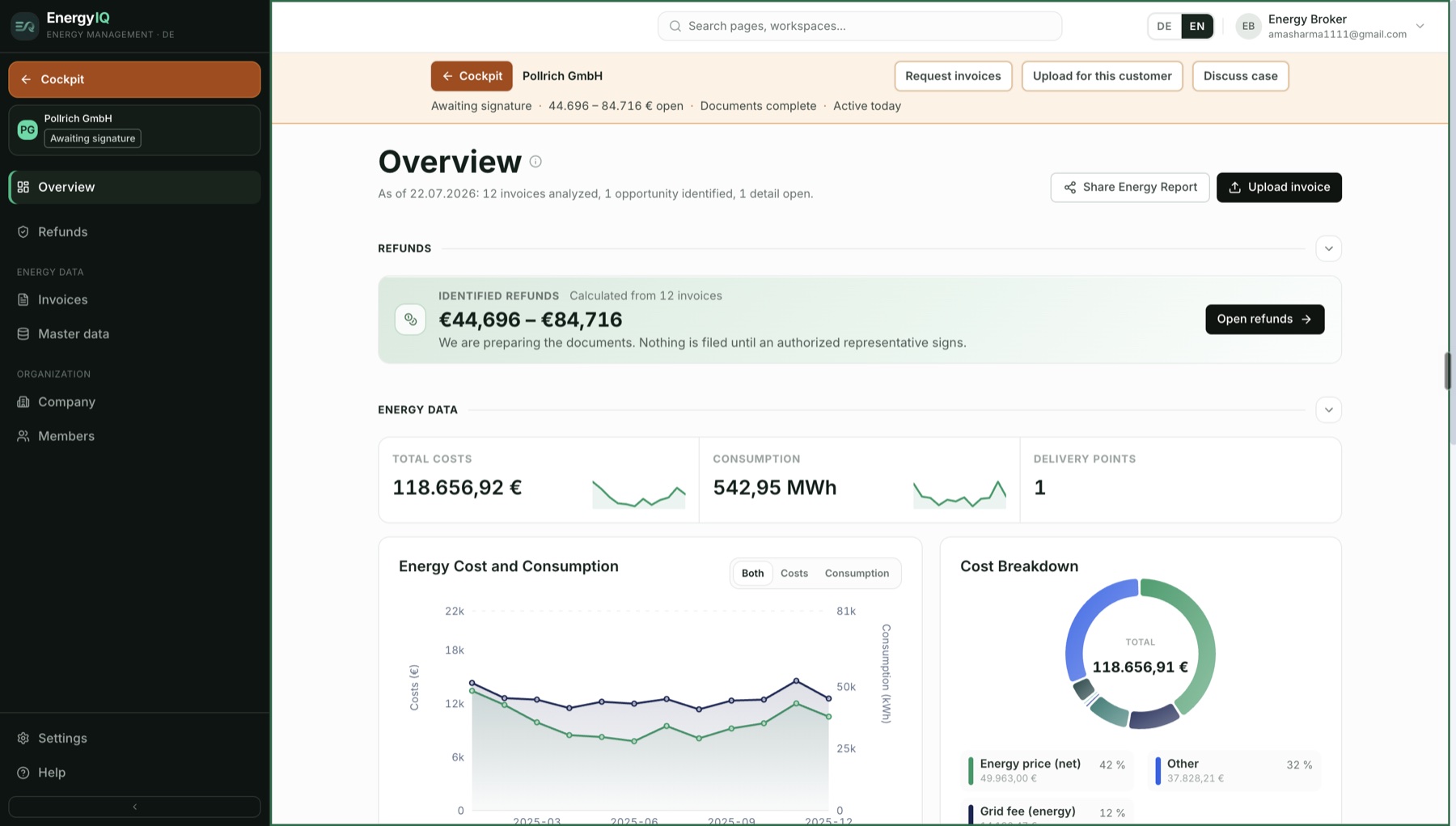 EnergyIQ product dashboard showing refunds, energy costs, consumption and delivery points
