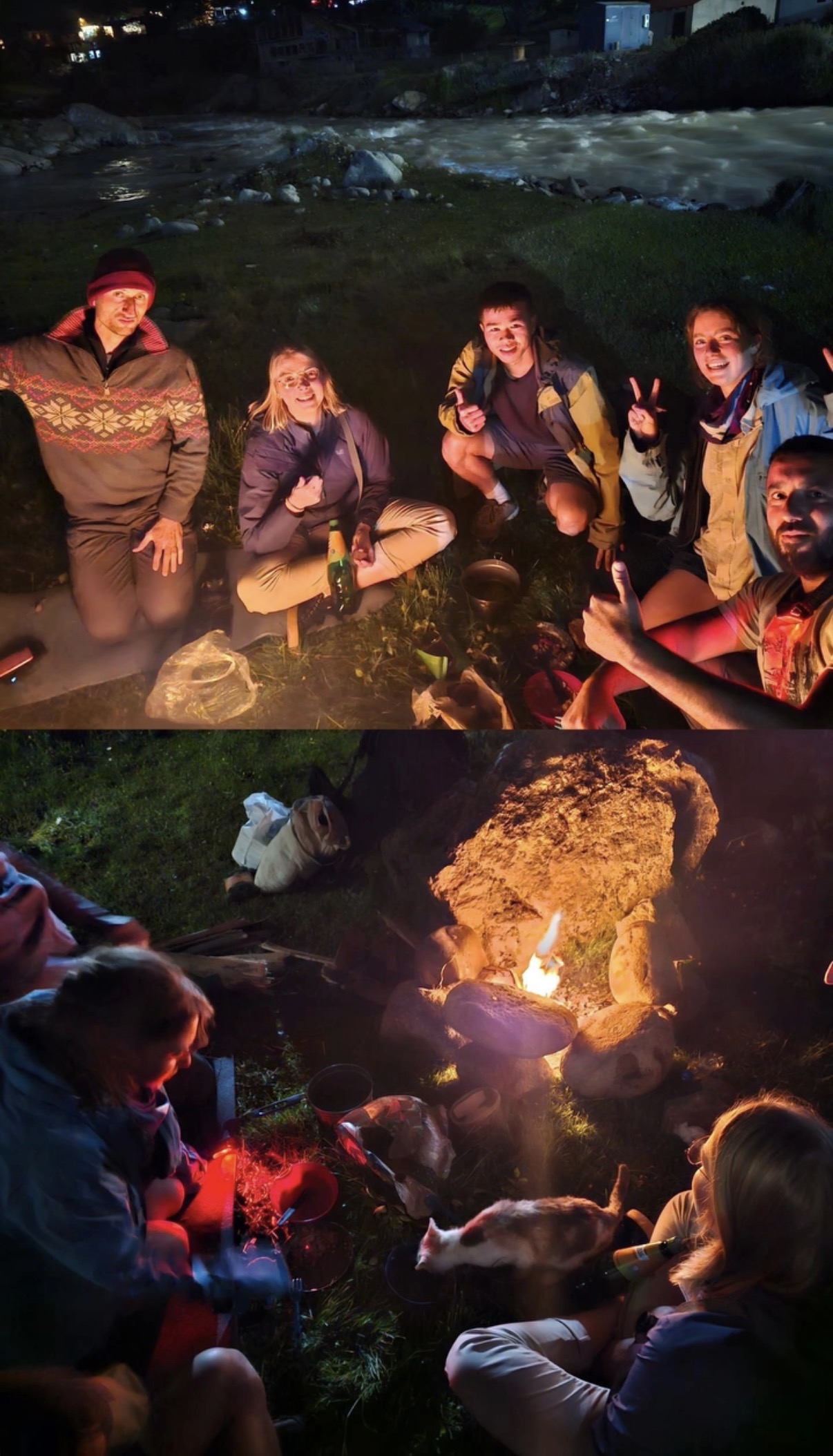 A small group gathered around a campfire beside a river at night